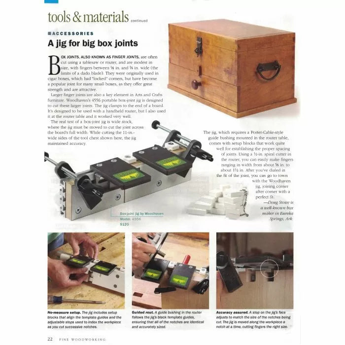 Box joint jig for woodworking, setup on workbench with close-ups of use and finished wood box.