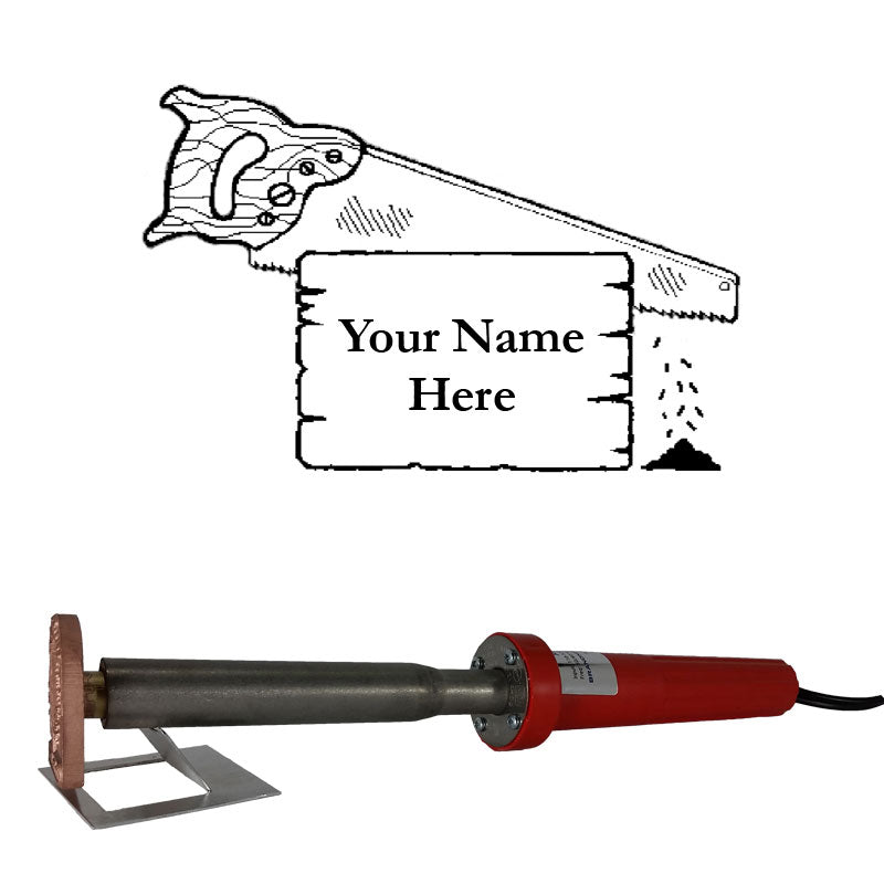 Electric wood branding iron with red handle, saw and nameplate illustration for personalization