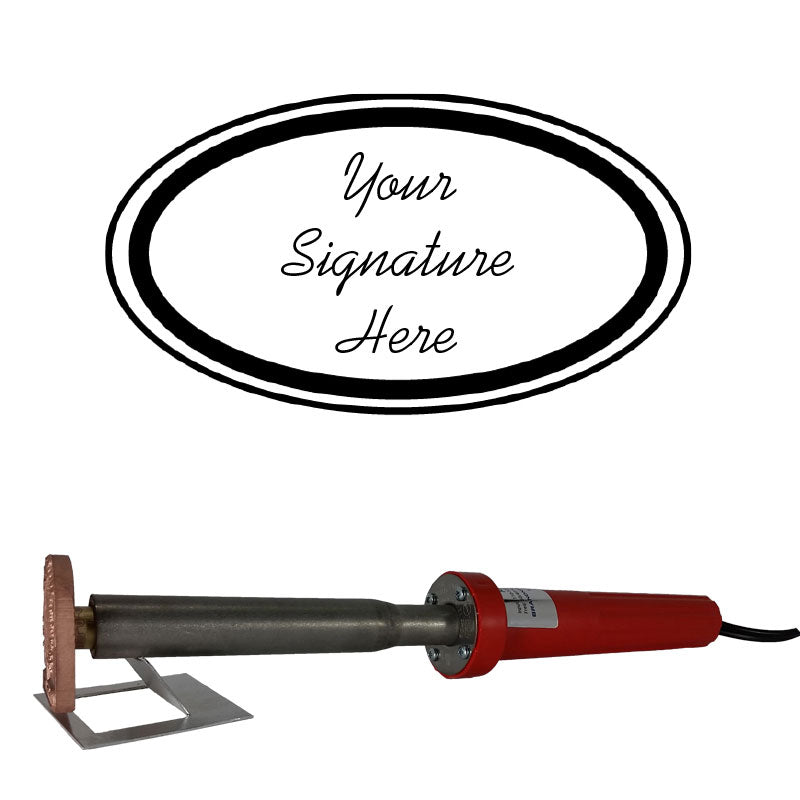 Electric branding iron with customizable oval signature plate for woodworking projects