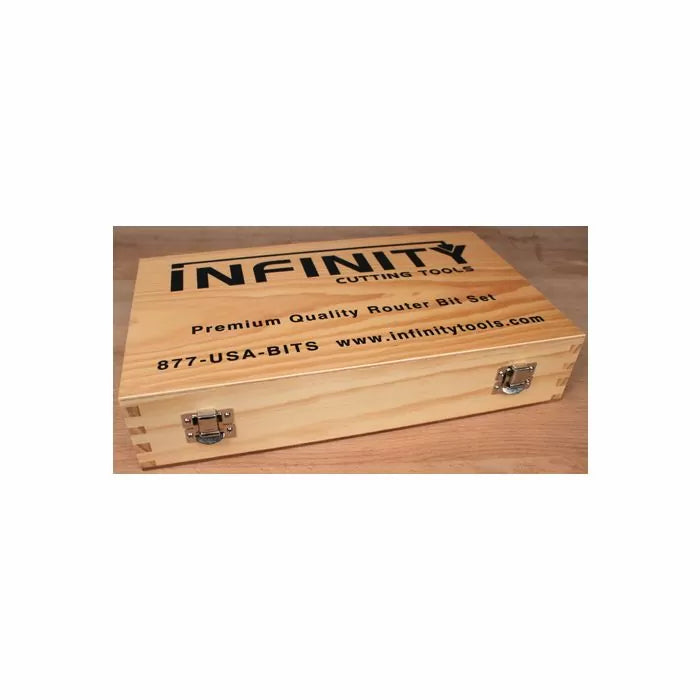 Wooden router bit set storage box with metal latches on a wood surface