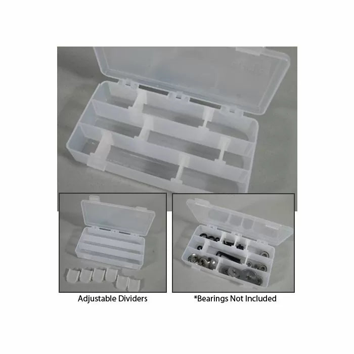 Clear plastic storage box with adjustable dividers for woodworking tool parts or bearings