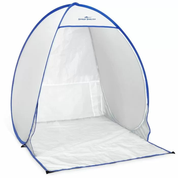 Portable mini spray shelter tent with blue trim for woodworking and painting projects