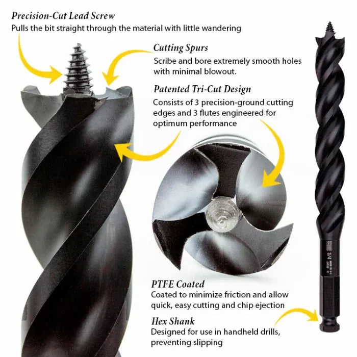 Close-up of precision wood drill bit with labeled features including lead screw, cutting spurs, tri-cut design, PTFE coating, and hex shank.