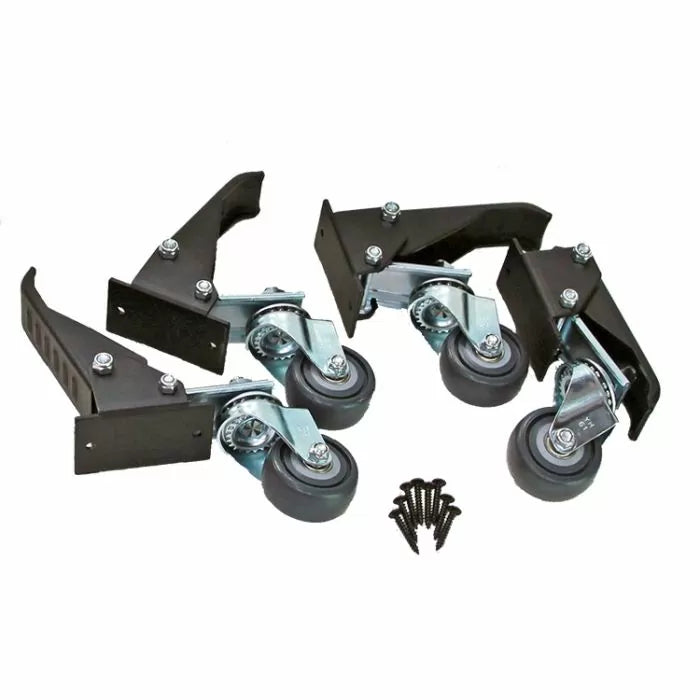 Set of four heavy-duty swivel casters with mounting brackets and screws for woodworking tables