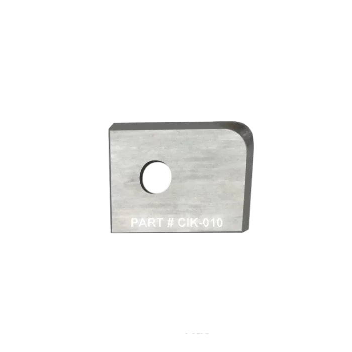 Replacement carbide insert cutter with mounting hole, labeled part CIK-010, for woodworking tools