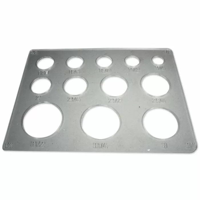Clear acrylic circle template with multiple hole sizes for woodworking projects