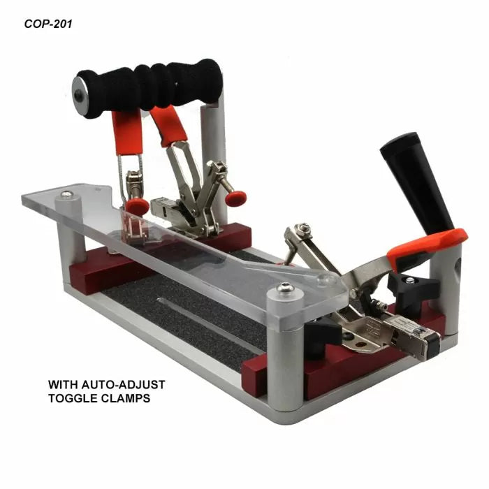 Woodworking jig with auto-adjust toggle clamps and clear top for precise workpiece holding