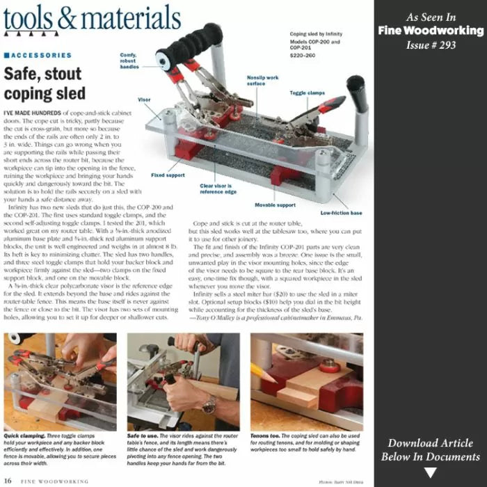 Coping sled with toggle clamps, clear safety visor, and ergonomic handles for woodworking router table.
