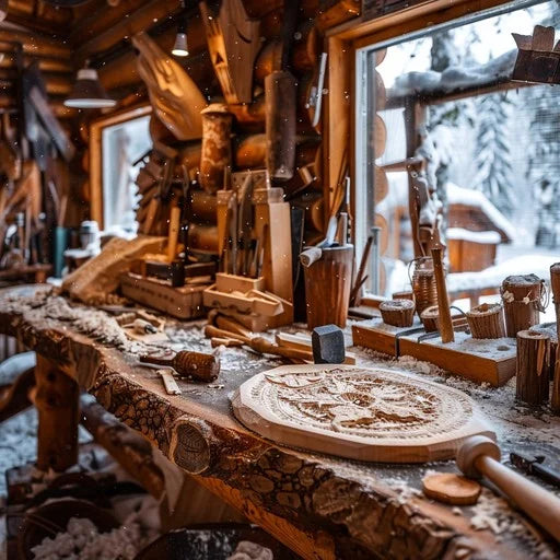 Cozy woodworking bench with sawdust, wood tools, and winter scene outside log cabin window.