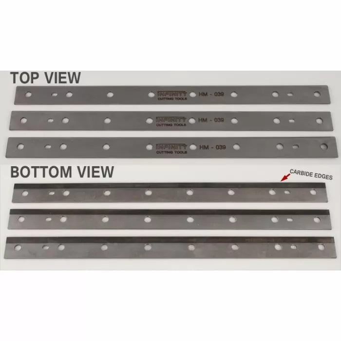 Set of four carbide jointer planer blades with mounting holes, shown in top and bottom view.