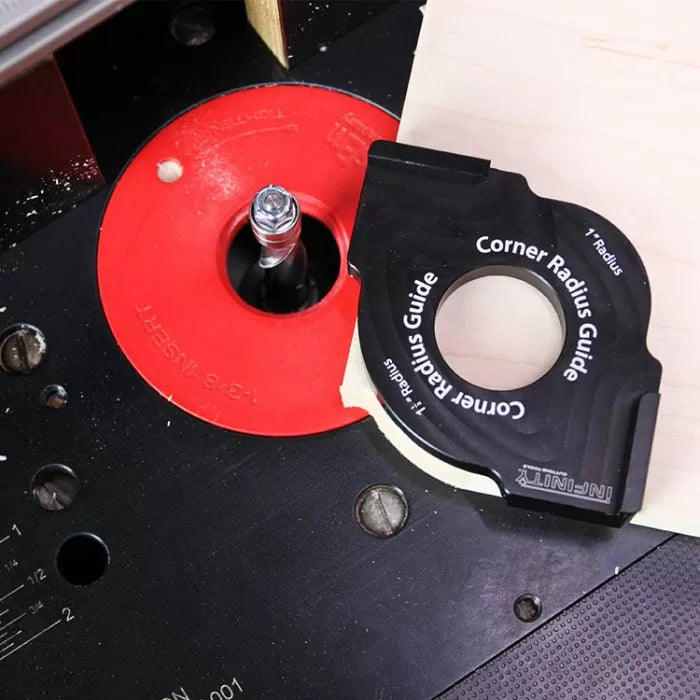 Corner radius guide tool and router table setup for woodworking precision cuts