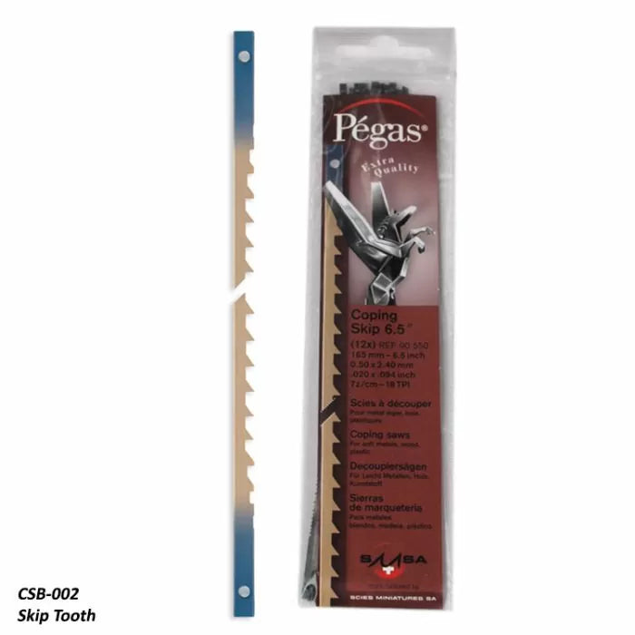 Pegas 6.5 inch skip tooth coping saw blades pack with single blade shown, woodworking tool