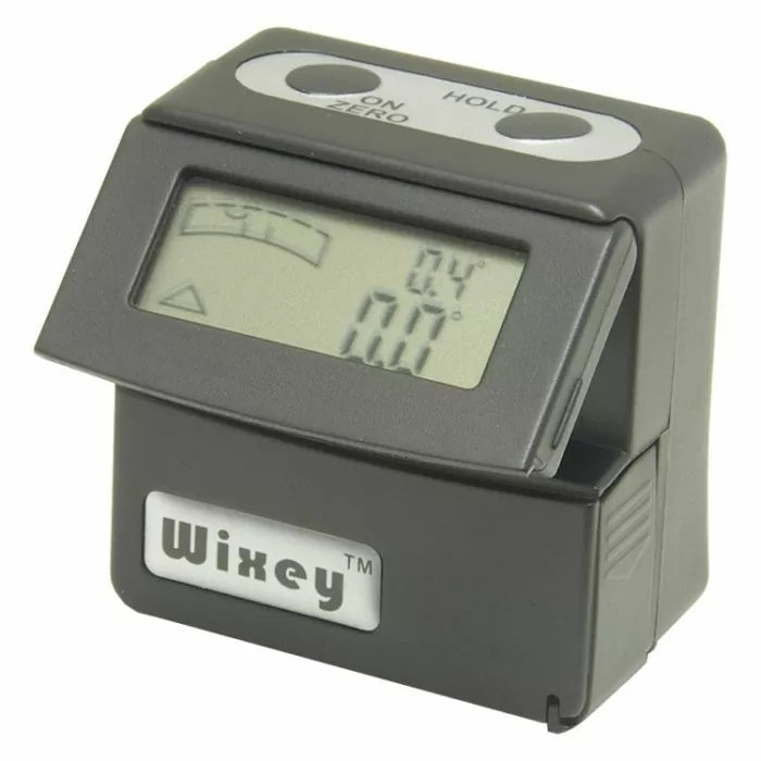 Digital angle gauge with LCD screen and Wixey label, used for precise woodworking measurements