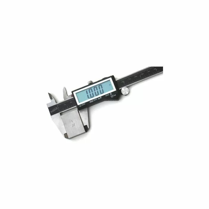 Digital caliper with LCD display showing 0.000, precision measuring tool for woodworking.
