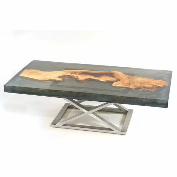 Modern epoxy resin river table with natural wood slab and metal base, woodworking project