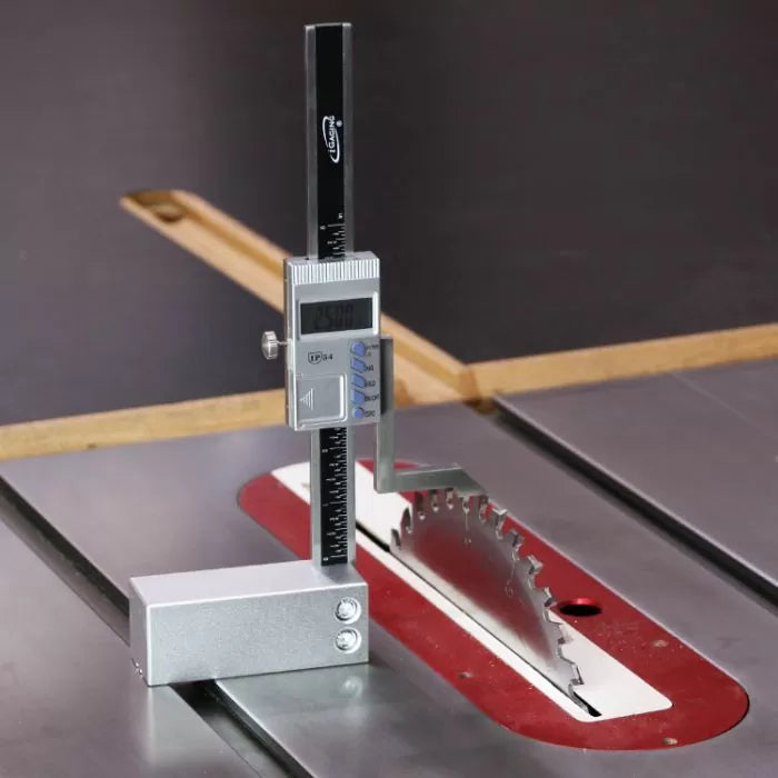 Digital height gauge measuring saw blade height on table saw for woodworking accuracy