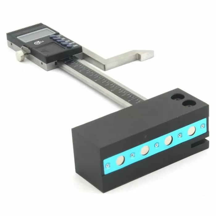 Digital depth gauge with ruler and magnetic base for precise woodworking measurements