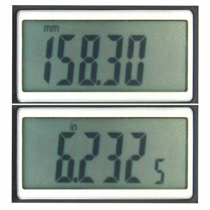 Digital caliper display showing 158.30 mm and 6.2372 inches measurements
