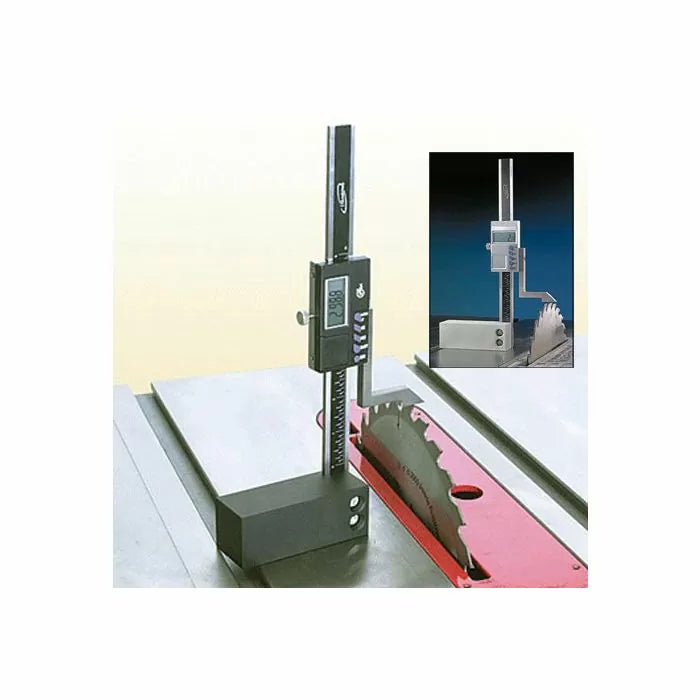 Digital height gauge measuring table saw blade on woodworking table