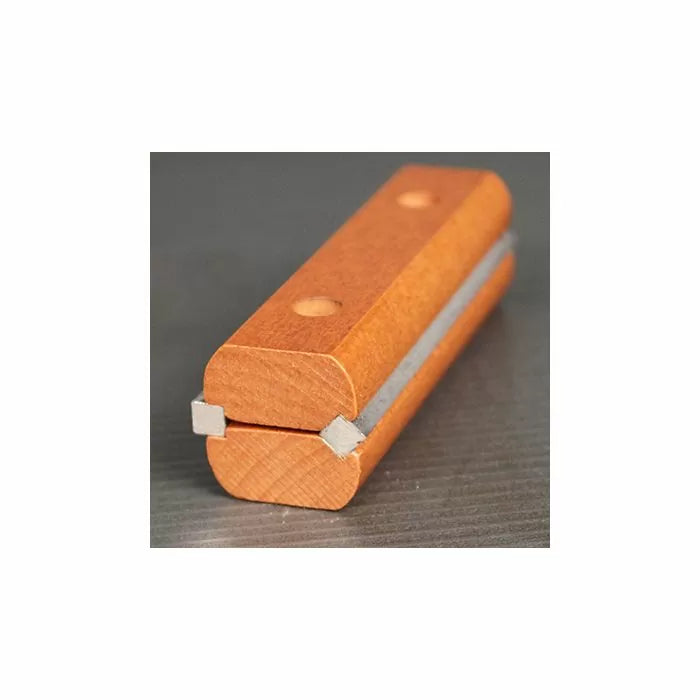 Wooden jointer knife honing guide with metal inserts for woodworking tool sharpening
