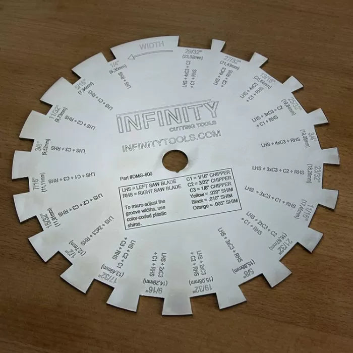 Steel dado saw blade measuring guide for woodworking, on a wooden surface.