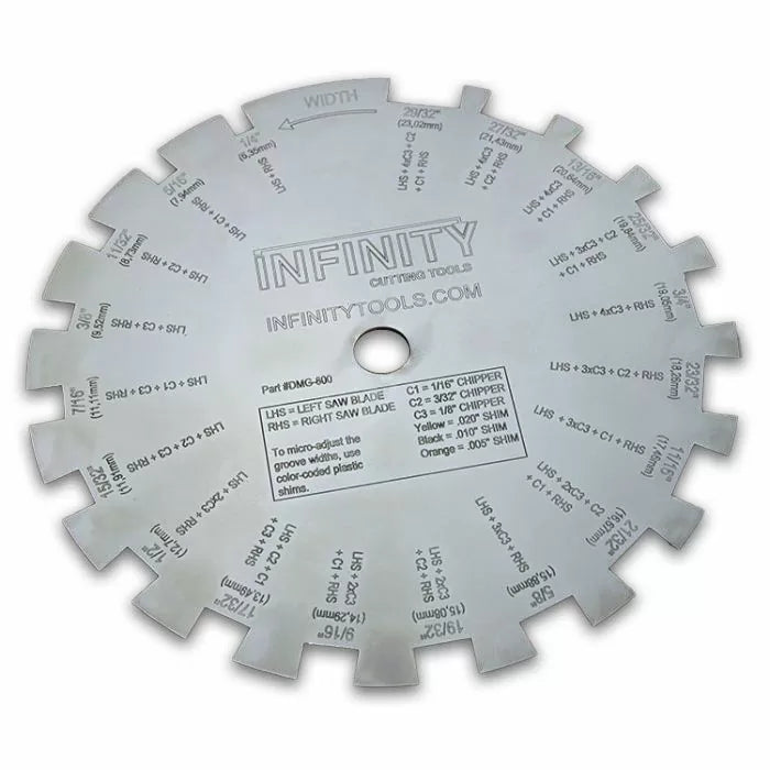 Dado blade guide chart for woodworking table saw, featuring labeled blade setup combinations.