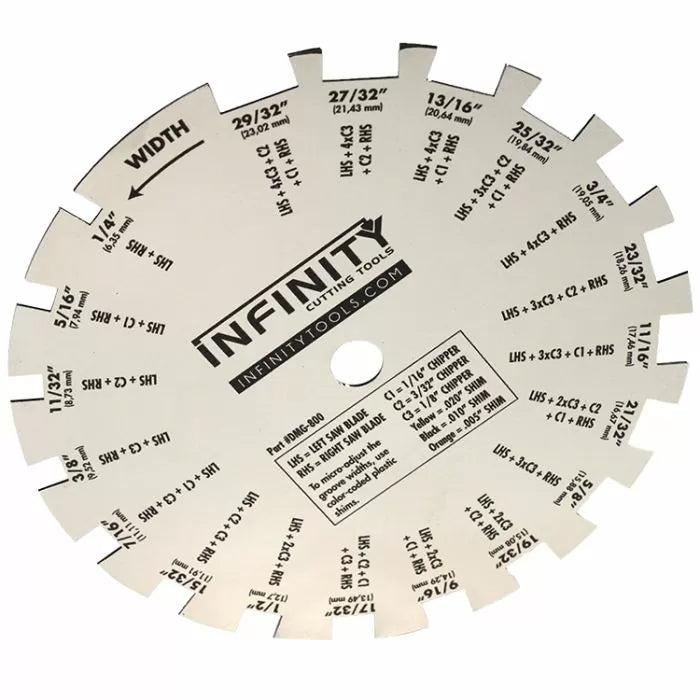 Woodworking dado blade chart for table saws with labeled width notches and tips.