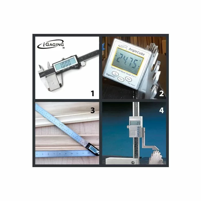 Digital caliper, angle gauge, digital protractor, and height gauge for woodworking measurements