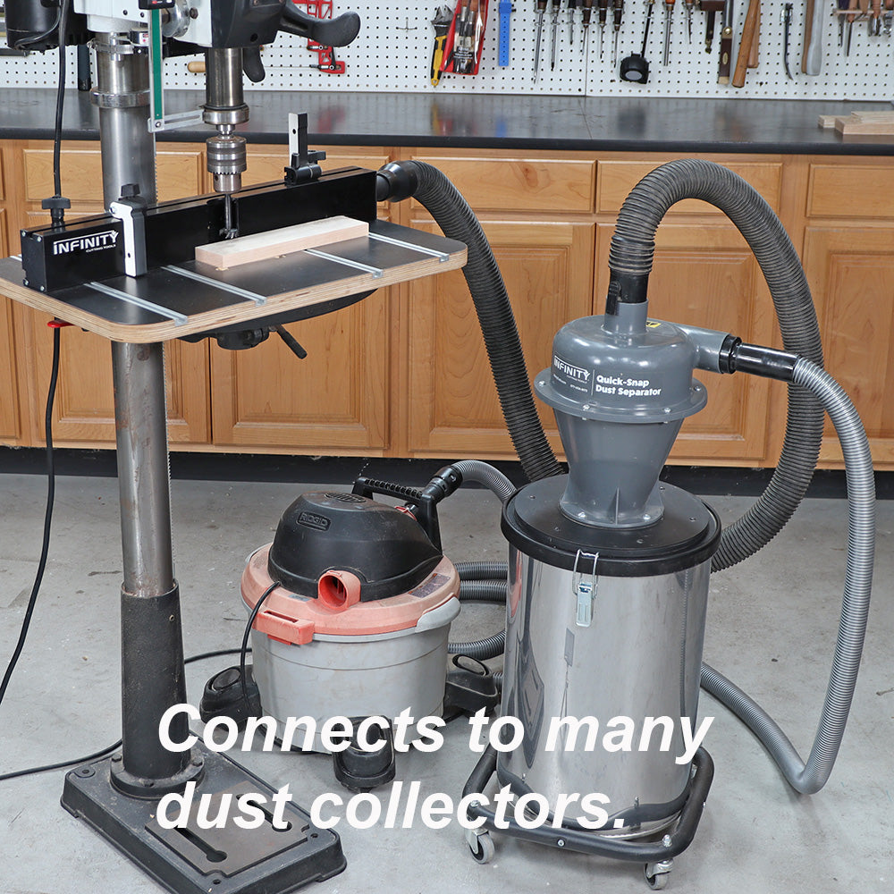 Workshop dust separator connected to drill press and shop vacuum for dust collection