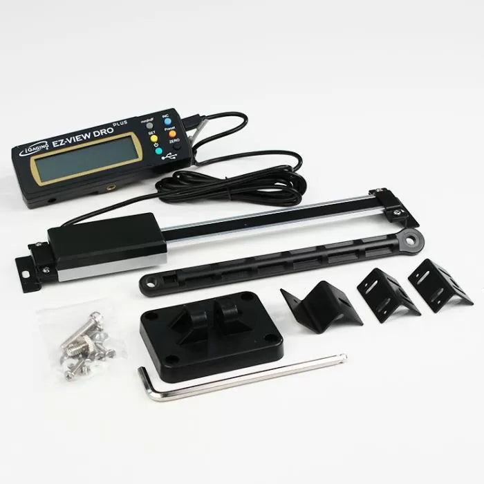 Digital readout kit with display, mounting brackets, rail, hardware, and cables for woodworking tools