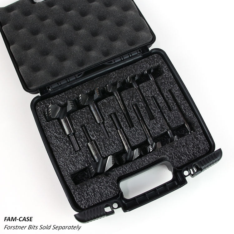 Foam-lined plastic case for holding Forstner drill bits, empty, with handle and secure slots.