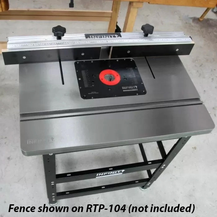 Router table package with aluminum fence, black top, and router insert plate for woodworking.