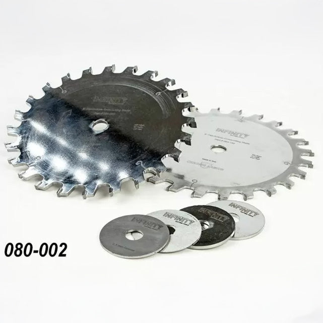 Dado saw blade set with chippers and shims for woodworking on white background, product code 080-002