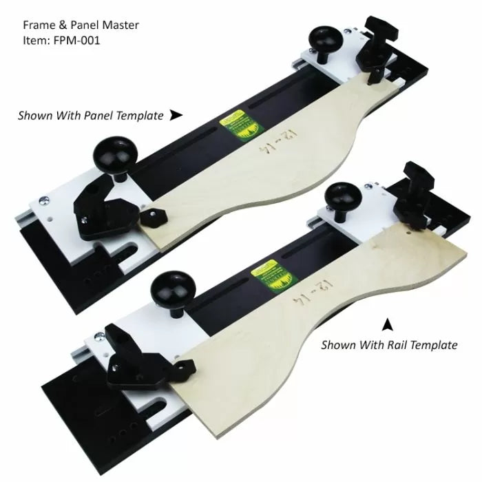 Frame and panel template jig for woodworking with panel and rail templates attached