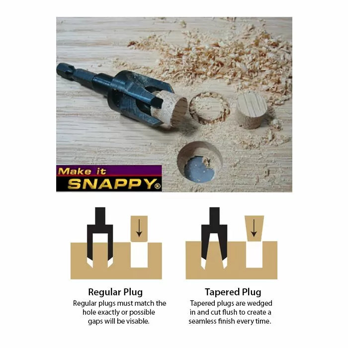 Wood plug cutter bit cutting wood plugs, wood shavings, and diagram of regular vs tapered plug