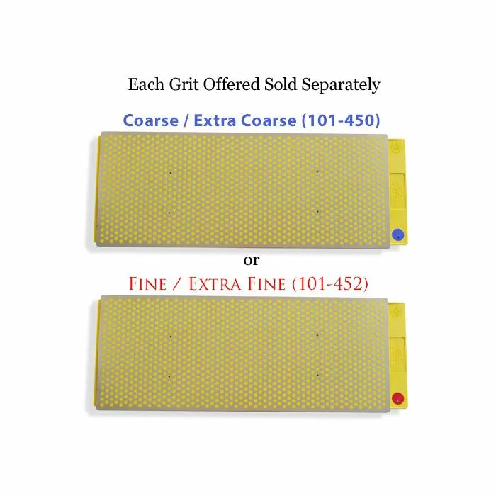 Two rectangular diamond sharpening stones with yellow-dot surfaces, coarse and fine grits