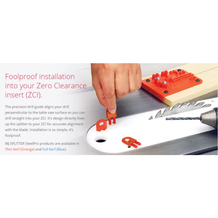 Hand installing orange MJ SPLITTER on table saw zero clearance insert with drill guide and blade visible.
