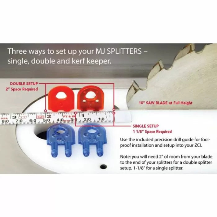 Table saw setup guide showing MJ Splitters in single and double configurations with measuring tape.