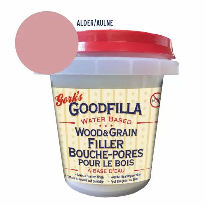 Goodfilla Alder wood filler 8 oz container with color swatch and red lid.