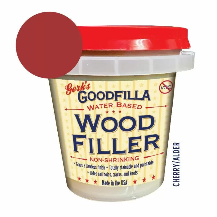 Cherry Alder wood filler tub with red color swatch, water-based, for cracks and nail holes