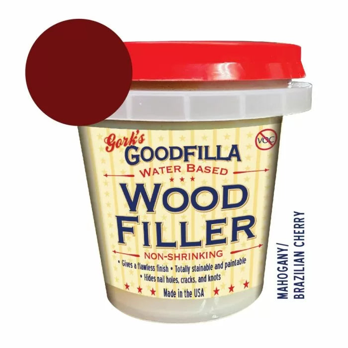 Goodfilla water-based wood filler in mahogany Brazilian cherry color, 8 oz container