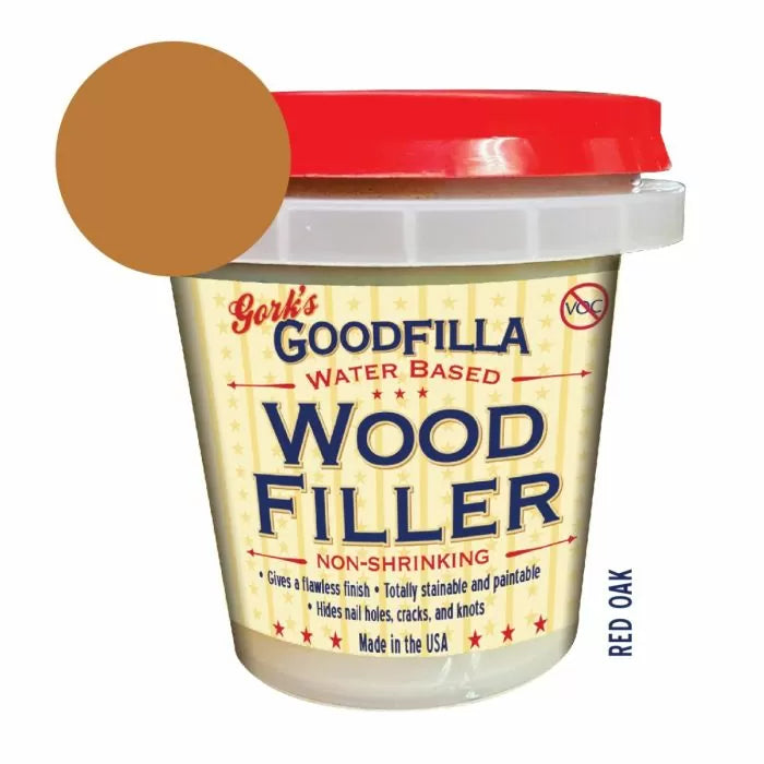 Goodfilla water based wood filler 8 oz tub in red oak color with swatch