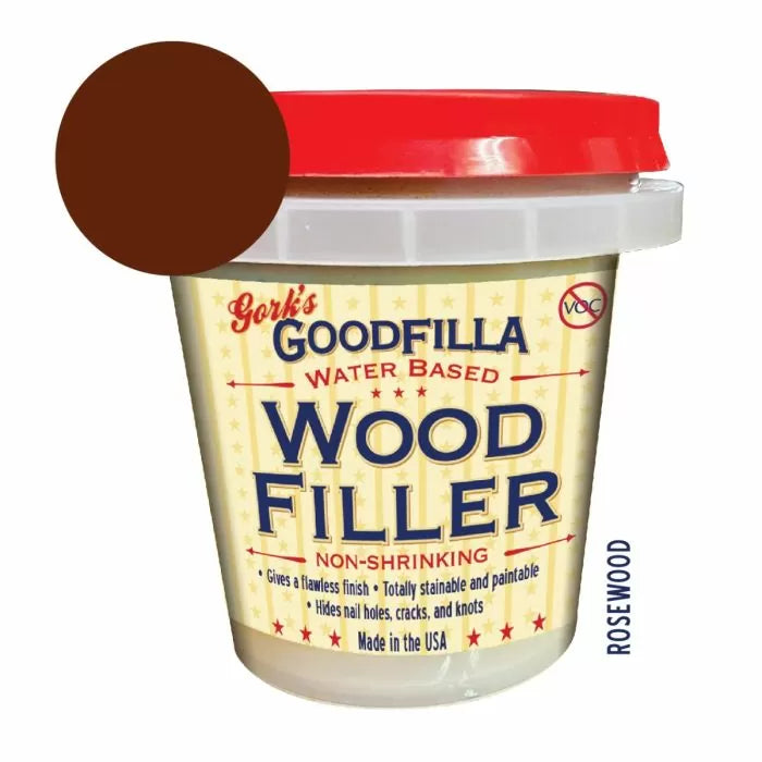 Goodfilla Rosewood wood filler 8 oz tub with dark brown color swatch