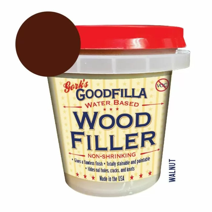 Goodfilla walnut wood filler tub with red lid and dark brown color swatch
