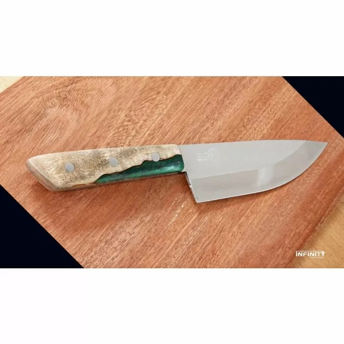 Handcrafted fixed blade knife with polished wood handle on a wooden surface