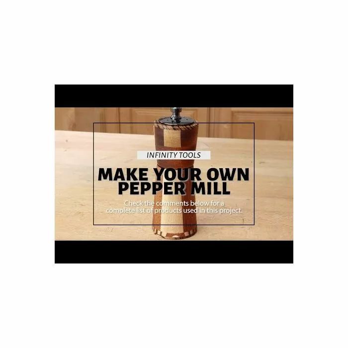 DIY wooden pepper mill on workbench with Infinity Tools make your own project instructions.
