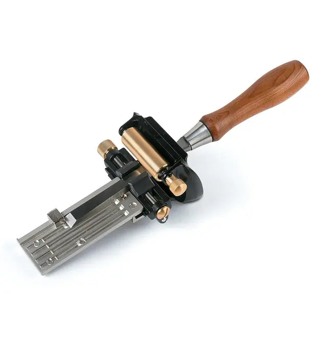Precision woodworking honing guide with adjustable metal jig, brass fittings, and wooden handle