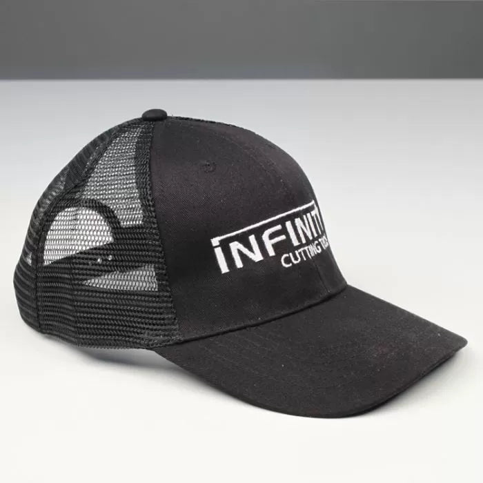 Black mesh trucker hat with embroidered Infinity Cutting Tools logo on front panel