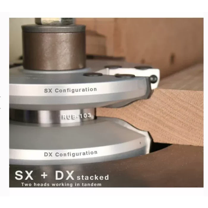 Stacked woodworking router cutter heads shaping wood with SX and DX configuration labels.