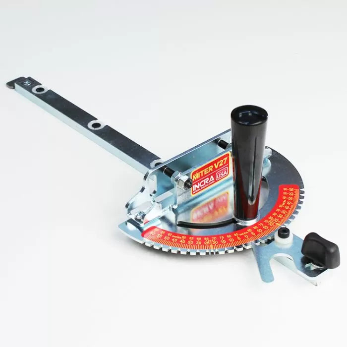 Adjustable metal miter gauge for table saws with red angle scale and black handle